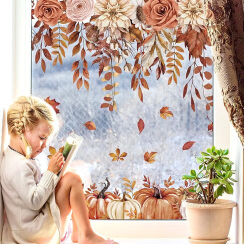 Whaline 6 Sheets Fall Boho Floral Window Clings Retro Brown Hanging Flower Vine Pumpkin Leaft in Saudi Arabia