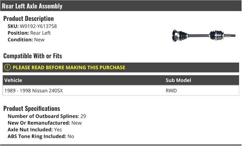 Rear Left Driver Side Axle Assembly - Includes Axle Nut - Compatible with 1989-1998 Nissan 240SX RWD in Saudi Arabia