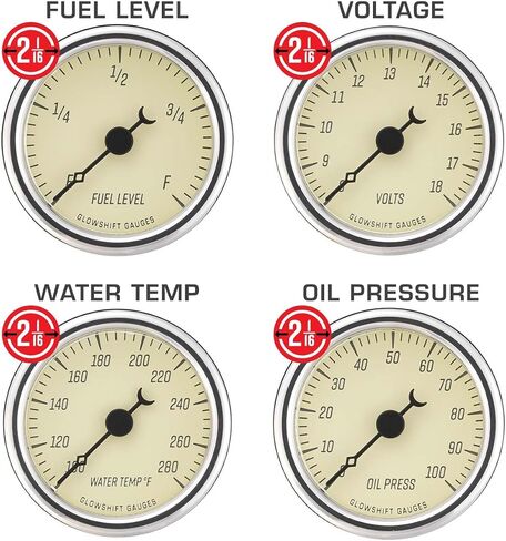 GlowShift Vintage 6-Gauge Cluster Package Fits Chevy C10 1973-1987 - Classic Antique White Speedometer, Tachometer, Oil Pressure, Water Temp, Fuel Level & Volt Gauges - Direct Fit Dash Panel Pod in Saudi Arabia