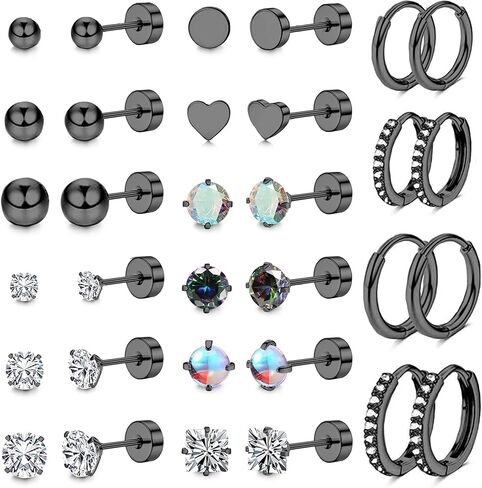 16 Pairs Surgical Steel Flat Back Earrings Set for Multiple Piercing Sensitive Ears Cartilage Hypoallergenic Earrings Small Huggie Hoop Earrings CZ Ball Stainless Steel Stud Earrings for Women Men in Saudi Arabia
