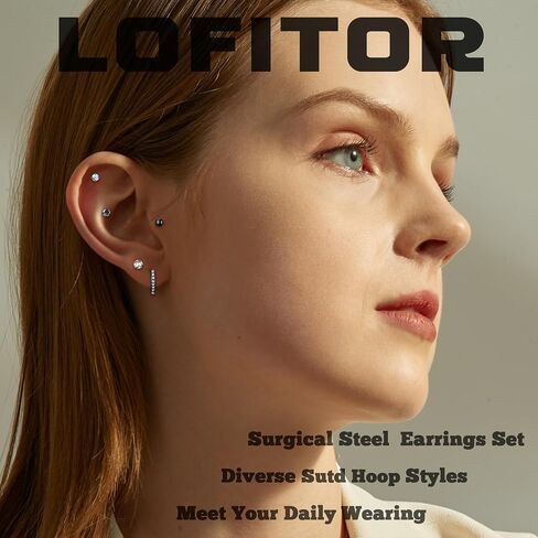 16 Pairs Surgical Steel Flat Back Earrings Set for Multiple Piercing Sensitive Ears Cartilage Hypoallergenic Earrings Small Huggie Hoop Earrings CZ Ball Stainless Steel Stud Earrings for Women Men in Saudi Arabia