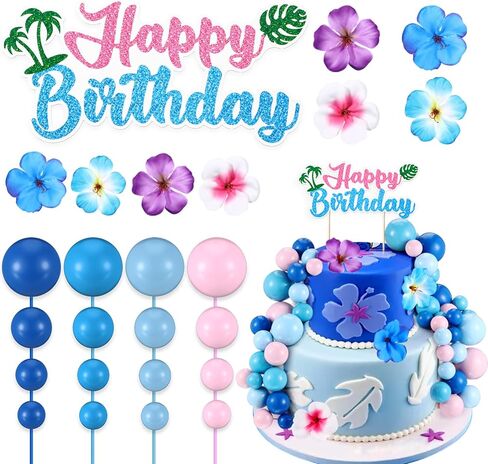 Zeyune 61 Pcs Pink Blue Cake Topper with Balls Hawaiian Hawaiian Cake Decoration Birthday Baby Shower Supplies in Saudi Arabia