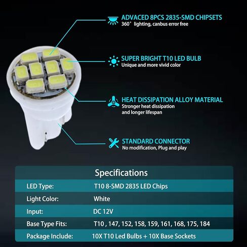 White T10 194 168 LED Dashboard Dashboard Light Lights ، 10pcs ، Super 12V 8-SMD Pricset in Kuwait