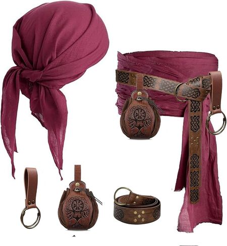 KOTORA Pirate Costume Head Scarf Bandana Hat Waist Sash Medieval Belt Pouch Golden Coin Purse Festival Dress Accessroy in Saudi Arabia