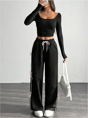 Gorglitter المرأة القوس y2k sweatpants الرباط الواسعة الساق الفضفاض in Saudi Arabia