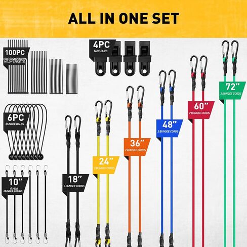 Carabiner Bungee Cords with Hooks, 28-Piece Heavy Duty Outdoor Assortment Includes 10", 18", 24", 36", 48", 60", 72" Bungee Cords, Canopy Tarp Ball Ties, Nylon Cable Ties and Tarp Clips in Saudi Arabia