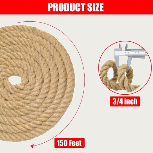 Twisted Jute Rope (3/4 in x 20 ft) Natural Thick Hemp Rope for DIY Crafts, Railings, Hammock, Decorating in Kuwait