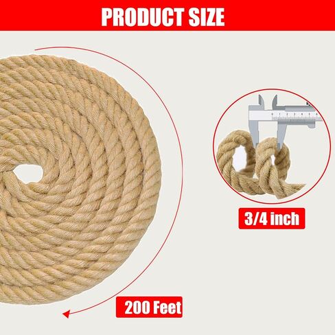 Twisted Jute Rope (3/4 in x 20 ft) Natural Thick Hemp Rope for DIY Crafts, Railings, Hammock, Decorating in Kuwait