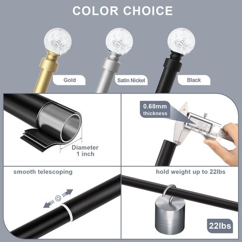 knobelite Black 1 Pack Window Treatment Single Curtain Rods, Adjustable Curtain Rod from 36 to 72 Inches with Crystal Finial Finials,1-Inch Curtain Rods for Windows in Saudi Arabia