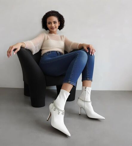 Mofirdast المرأة سلسلة معدنية أحذية الكاحل، مثير Stiletto الكعب العالي وأشار اصبع القدم سستة حزب الجوارب الأنيقة للنساء in Saudi Arabia