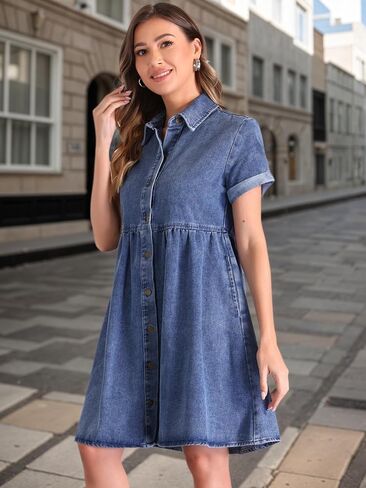 Allegra K Denim Shirt Dress for Women's Collared Button Down Short Sleeve Babydoll Jean Dresses with Pockets in Saudi Arabia