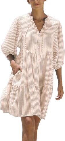 chouyatou Women's Summer V-Neck Casual Striped Midi Shirt Dress Tiered Boho Beach Tunic Babydoll Dress in Saudi Arabia