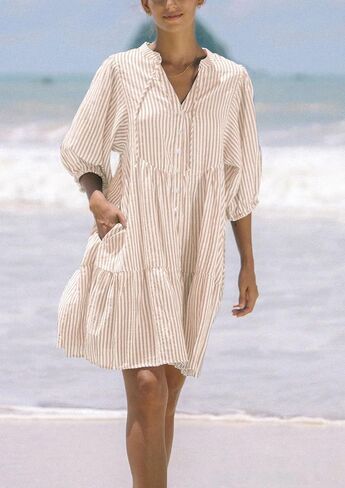chouyatou Women's Summer V-Neck Casual Striped Midi Shirt Dress Tiered Boho Beach Tunic Babydoll Dress in Saudi Arabia