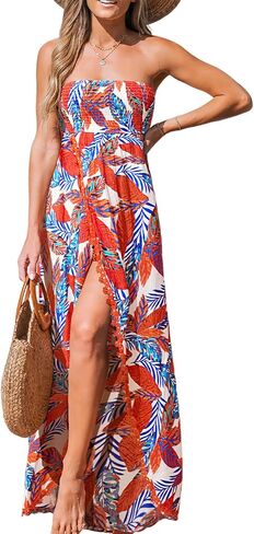 CUPSHE Women's Maxi Dresses Sleeveless Lace Casual Smocked Strapless Slit Long Summer Formal Sun Dress in Kuwait