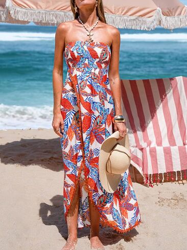 CUPSHE Women's Maxi Dresses Sleeveless Lace Casual Smocked Strapless Slit Long Summer Formal Sun Dress in Kuwait