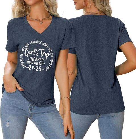 Girls Trip T Shirts for Women 2025 Funny Travel V Neck Tshirt Short Sleeve Tees Tops Soft Cotton T-Shirts in Saudi Arabia