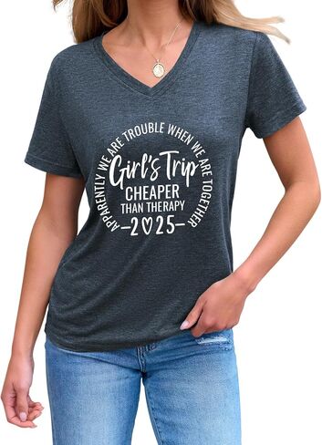 Girls Trip T Shirts for Women 2025 Funny Travel V Neck Tshirt Short Sleeve Tees Tops Soft Cotton T-Shirts in Saudi Arabia