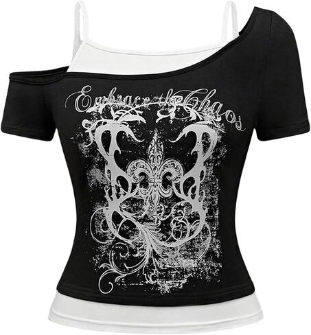 Soly Hux Women's Y2K Goth Graphic Tees الكتف البارد على الأكمام القصيرة القميص Tirt Block Tops Summer Tops in Saudi Arabia