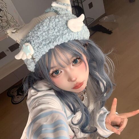 Y2K Cat Ear Beanie for Women - Gothic Punk Knit Hat with Charms, Kawaii Skull Cap Black/Blue/Pink Grunge Streetwear in Kuwait