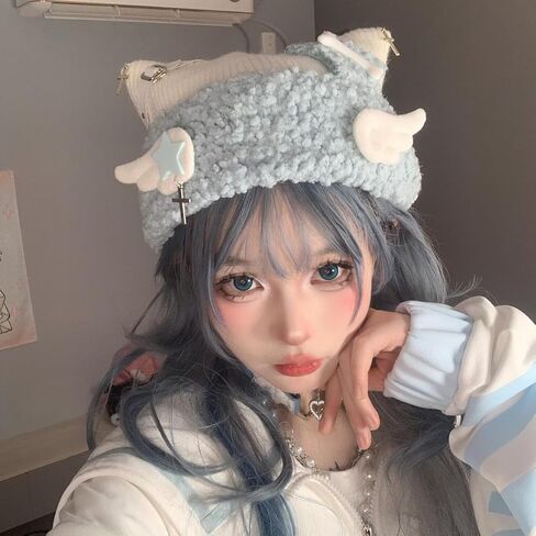 Y2K Cat Ear Beanie for Women - Gothic Punk Knit Hat with Charms, Kawaii Skull Cap Black/Blue/Pink Grunge Streetwear in Kuwait