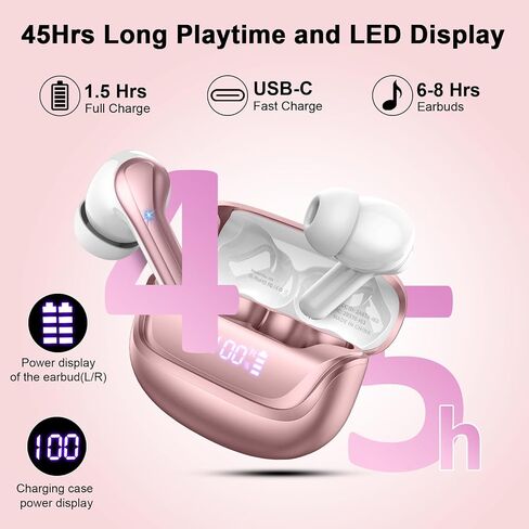 Donerton Wireless Earbuds, Bluetooth Headphones HiFi Stereo, in-Ear Earphones with ENC Mic, Wireless Headphones Waterproof, Ear Buds LED Display Mini Charging Touch Control in Saudi Arabia