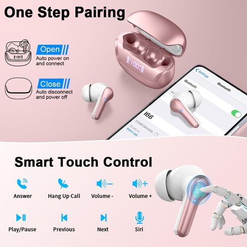 Donerton Wireless Earbuds, Bluetooth Headphones HiFi Stereo, in-Ear Earphones with ENC Mic, Wireless Headphones Waterproof, Ear Buds LED Display Mini Charging Touch Control in Saudi Arabia