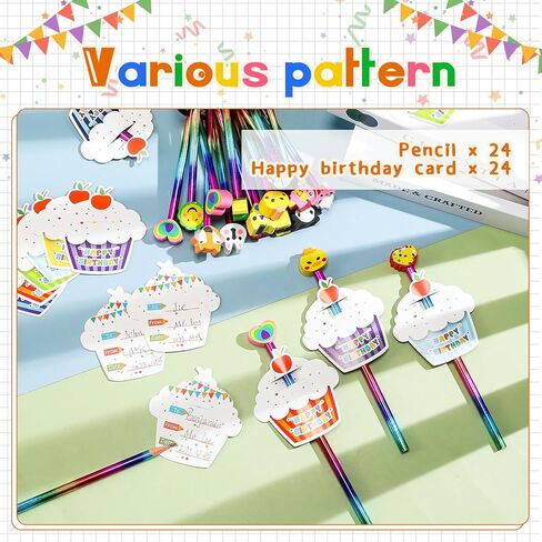 مجموعة أقلام عيد ميلاد سعيد للأطفال مكونة من 72 قطعة تتضمن 24 قلم رصاص بألوان قوس قزح HB و24 ممحاة لطيفة و24 بطاقة كب كيك تهنئة ملونة لطلاب المدارس وهدايا أعياد الميلاد ومستلزمات الحفلات in Kuwait