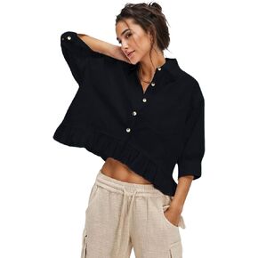 بلوزة InterNos النسائية المخططة 3/4 كم فضفاضة بياقة على شكل V وأزرار سفلية وحاشية مكشكشة وقميص علوي مع جيب in Kuwait