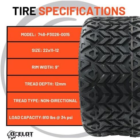 OCELOT P3026 22X11-12 إطارات عربة الجولف الوعرة إطارات متعددة الطبقات الوعرة مع الجر المتفوق وتصميم المداس الذاتي المقاوم للطين للأداء طويل الأمد على أي طريق in Saudi Arabia