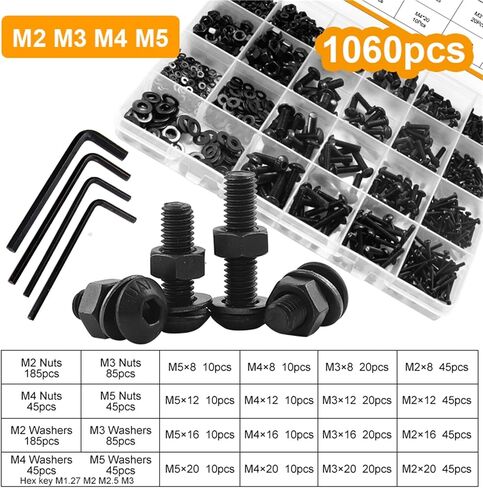 مجموعة متنوعة لمجموعة مسامير مقبس سداسية البراغي والمكسرات M2 M2.5 M3 M4 M5 Carbon Steel Allen Screw مع مفتاح سداسي (M2-M5 1060pcs) in Saudi Arabia
