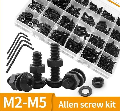 مجموعة متنوعة لمجموعة مسامير مقبس سداسية البراغي والمكسرات M2 M2.5 M3 M4 M5 Carbon Steel Allen Screw مع مفتاح سداسي (M2-M5 1060pcs) in Saudi Arabia