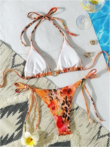 Floerns Women's 2 قطعة للسباحة الفهود المثلث الأزهار الرسن Bikini Tie Side Suit in Saudi Arabia