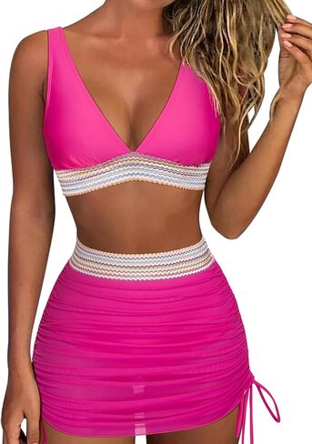 RXRXCOCO Mesh High Waisted Bikini Sets for Women Tummy Control Bathing Suits Color Block Two Piece Swimsuits with Skirt in Kuwait