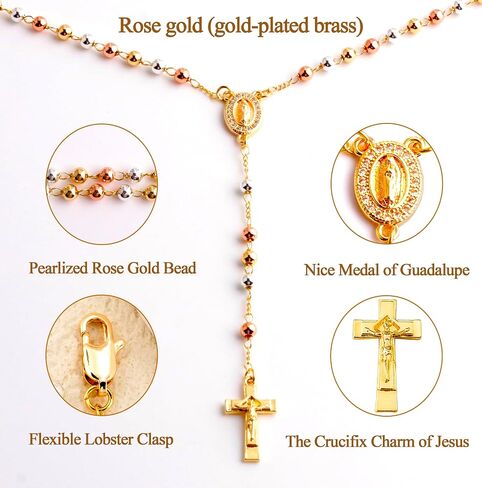 14K Gold Plated Rose Gold Plated Silver Beads Guadalupe Catholic Rosary Necklace for Women with Prayer Card and Gift Box in Saudi Arabia