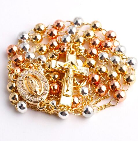 14K Gold Plated Rose Gold Plated Silver Beads Guadalupe Catholic Rosary Necklace for Women with Prayer Card and Gift Box in Saudi Arabia