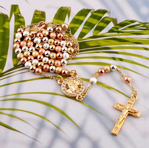 14K Gold Plated Rose Gold Plated Silver Beads Guadalupe Catholic Rosary Necklace for Women with Prayer Card and Gift Box in Saudi Arabia