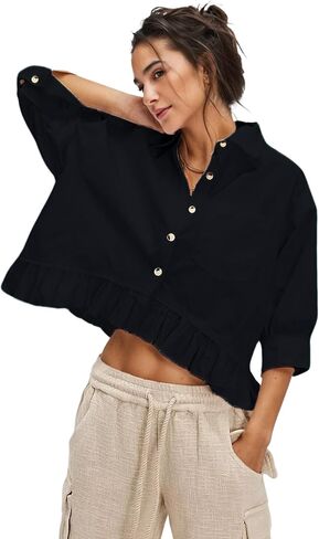 InterNos Womens Striped 3/4 Sleeve Blouse Loose V Neck Button Down Ruffled Hem Vertical Shirt Top with Pocket in Kuwait