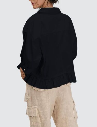 InterNos Womens Striped 3/4 Sleeve Blouse Loose V Neck Button Down Ruffled Hem Vertical Shirt Top with Pocket in Kuwait