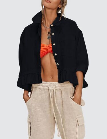 InterNos Womens Striped 3/4 Sleeve Blouse Loose V Neck Button Down Ruffled Hem Vertical Shirt Top with Pocket in Kuwait