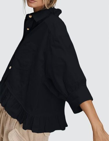 InterNos Womens Striped 3/4 Sleeve Blouse Loose V Neck Button Down Ruffled Hem Vertical Shirt Top with Pocket in Kuwait