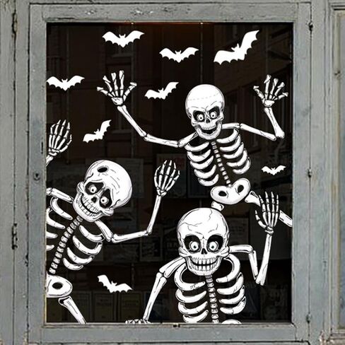 Halloween Window Clings Decorations 4 Sheets Skeleton & Bat Stickers, Scary Halloween Party Stickers Decor for Fall Home Classroom Windows Indoor/Outdoor Use in Saudi Arabia