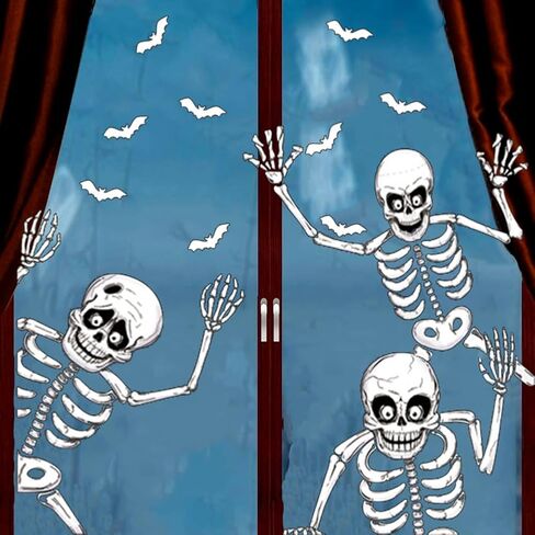 Halloween Window Clings Decorations 4 Sheets Skeleton & Bat Stickers, Scary Halloween Party Stickers Decor for Fall Home Classroom Windows Indoor/Outdoor Use in Saudi Arabia