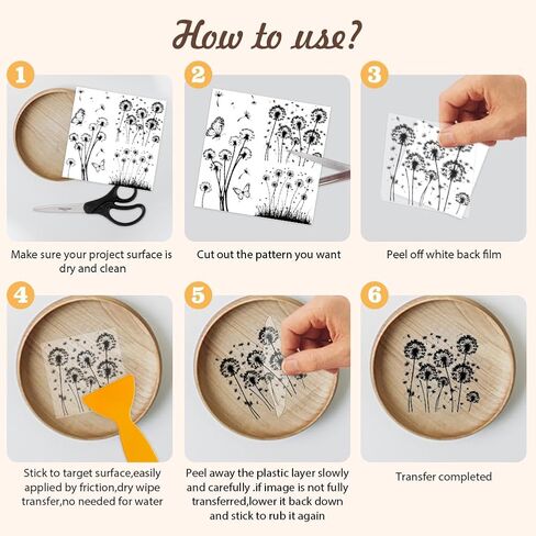 AHANDMAKER 12 SHOETS فرك على ملصقات النقل ، ملصقات ذات طابع بسيط ، ملصقات زهرة بالأبيض والأسود مع الهندباء والفراشات والزهور لديكور الخزف الحرف BOTTER ، 5.5 × 5.5 بوصة in Saudi Arabia