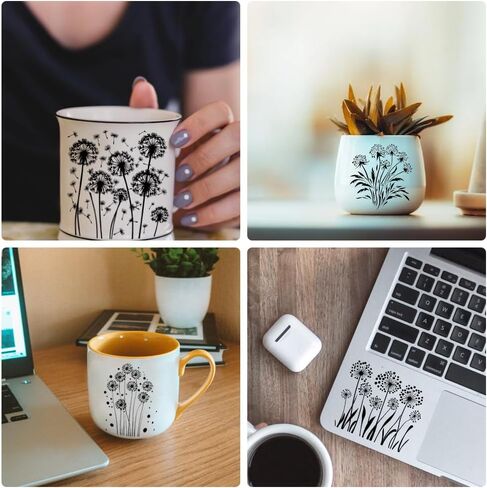AHANDMAKER 12 SHOETS فرك على ملصقات النقل ، ملصقات ذات طابع بسيط ، ملصقات زهرة بالأبيض والأسود مع الهندباء والفراشات والزهور لديكور الخزف الحرف BOTTER ، 5.5 × 5.5 بوصة in Saudi Arabia