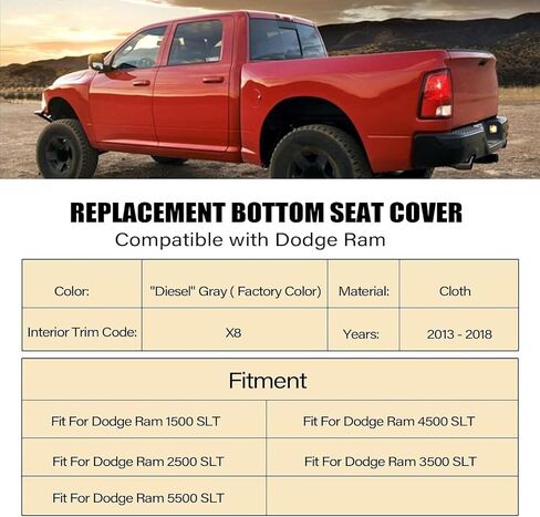 SecosAutoparts Driver & Passenger Side Bottom Replacement Cloth Seat Covers Gray Compatible with Dodge Ram 1500 2500 3500 4500 5500 2013 2014 2015 2016 2017 2018 in Saudi Arabia