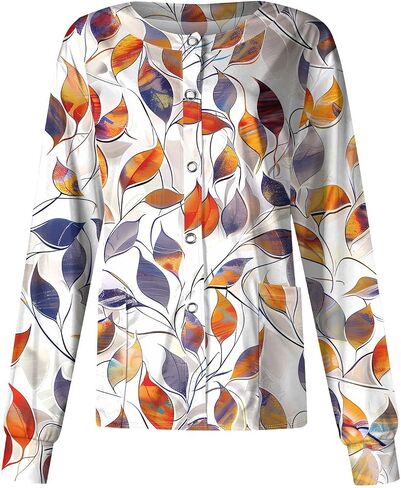 Scrub Jackets for Woman Long Sleeve Print Scrub Tops Plus Size Snap Front Nurse Working Uniform in Saudi Arabia