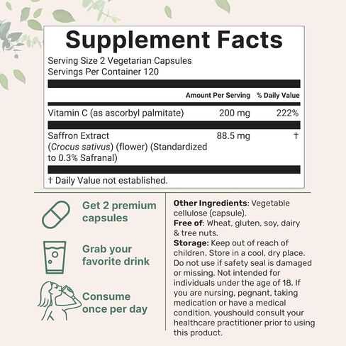 Pure Saffron Supplements 88.5mg, 240 Veggie Capsules | 4 Month Supply | 100% Pure Saffron Extract with High Absorption Fat-Soluble Vitamin C | Mood, Vision & Heart Support for Men & Women in Saudi Arabia