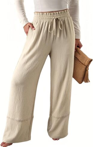 Dokotoo Womens Fall Boho 2025 Casual Wid Leg Lace Pants High Waisted Drawstrings with Pockets in Saudi Arabia