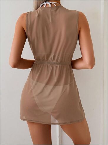 SweatyRocks Women's See Through Swimsuit Cover Up Sleeveless V Neck Sheer Bikini Beach Dress in Saudi Arabia