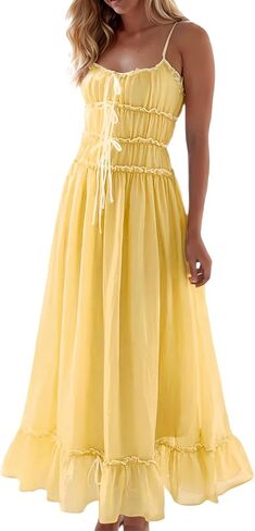 Women Summer Maxi Dress Spaghetti Strap Y2k Cute Ruffle Tiered Wedding Guest Flowy Dress Vacation Cruise Resort Outfit in Saudi Arabia